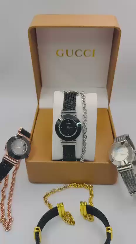 Luxury Gucci Gold Dial Women’s Watch with Steel Cable Strap & Bracelet Set